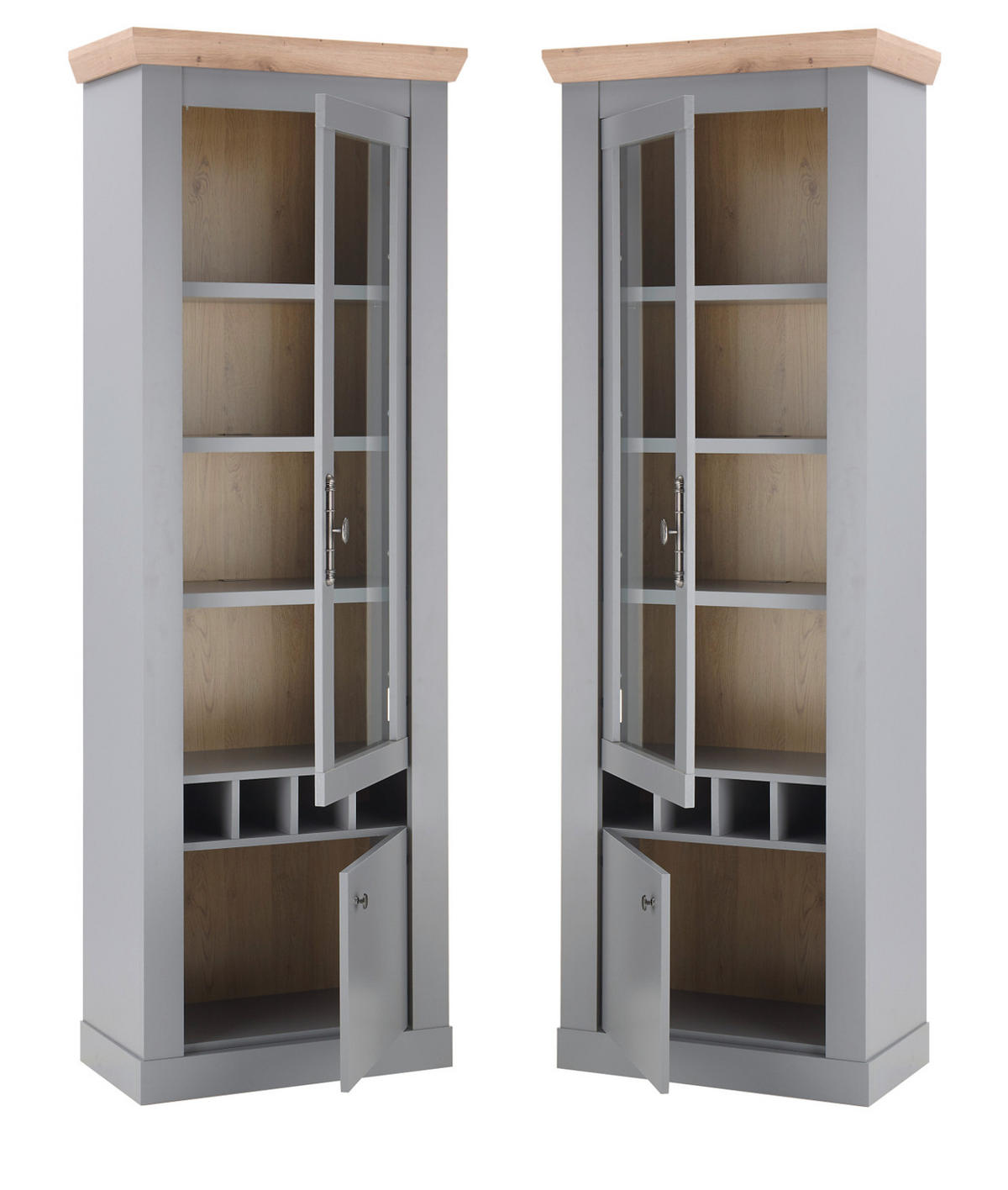 WOHNWAND grau, Artisan Eiche 4-teilig 291 cm, Wohnkombination im Landhaus-Stil - Silberfarben/Hellgrau, Glas/Holzwerkstoff (291/201/44cm) - Furn.Design