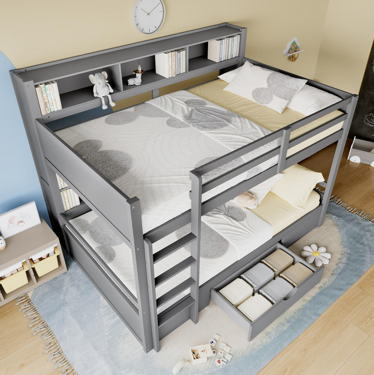 ETAGENBETT aus Kiefernholz und MDF 90x200 cm Grau mit Schublade und Ablagefächern - Grau, Holzwerkstoff (90/200cm) - IVMEU