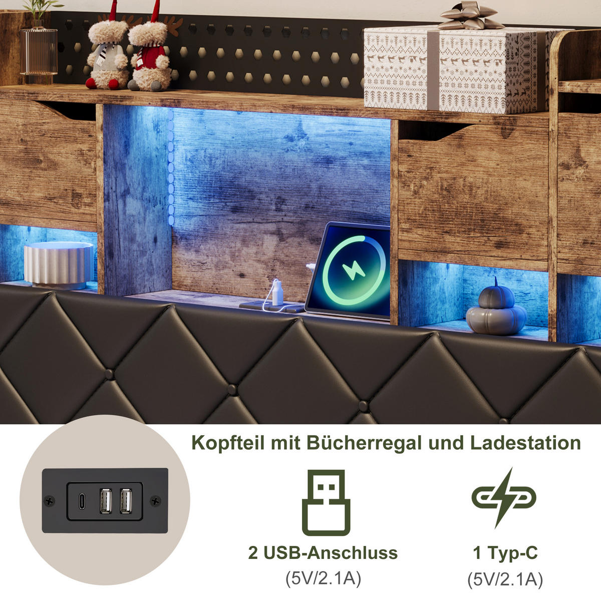 POLSTERBETT 160x200 cm LED USB Stauraum Lattenrost schwarz - Schwarz, Holz (160/200cm) - LEBENLANG