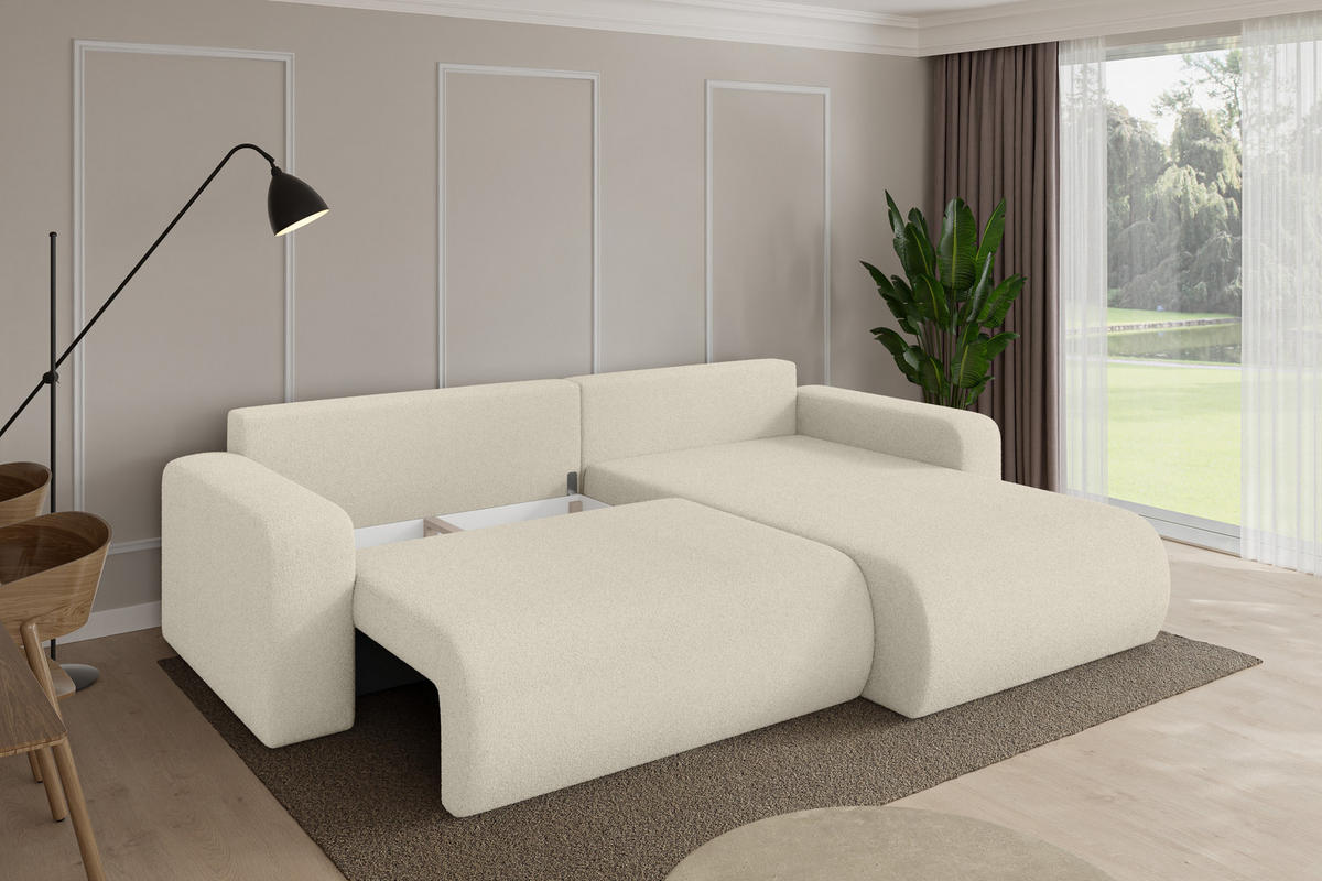 ROHOVÁ SEDAČKA s funkcí spaní, otoman vpravo BERY-L 276x193x88 béžová bouclé - černá/písková barva, kompozitní dřevo/textil (276/193cm) - ALTDECOR