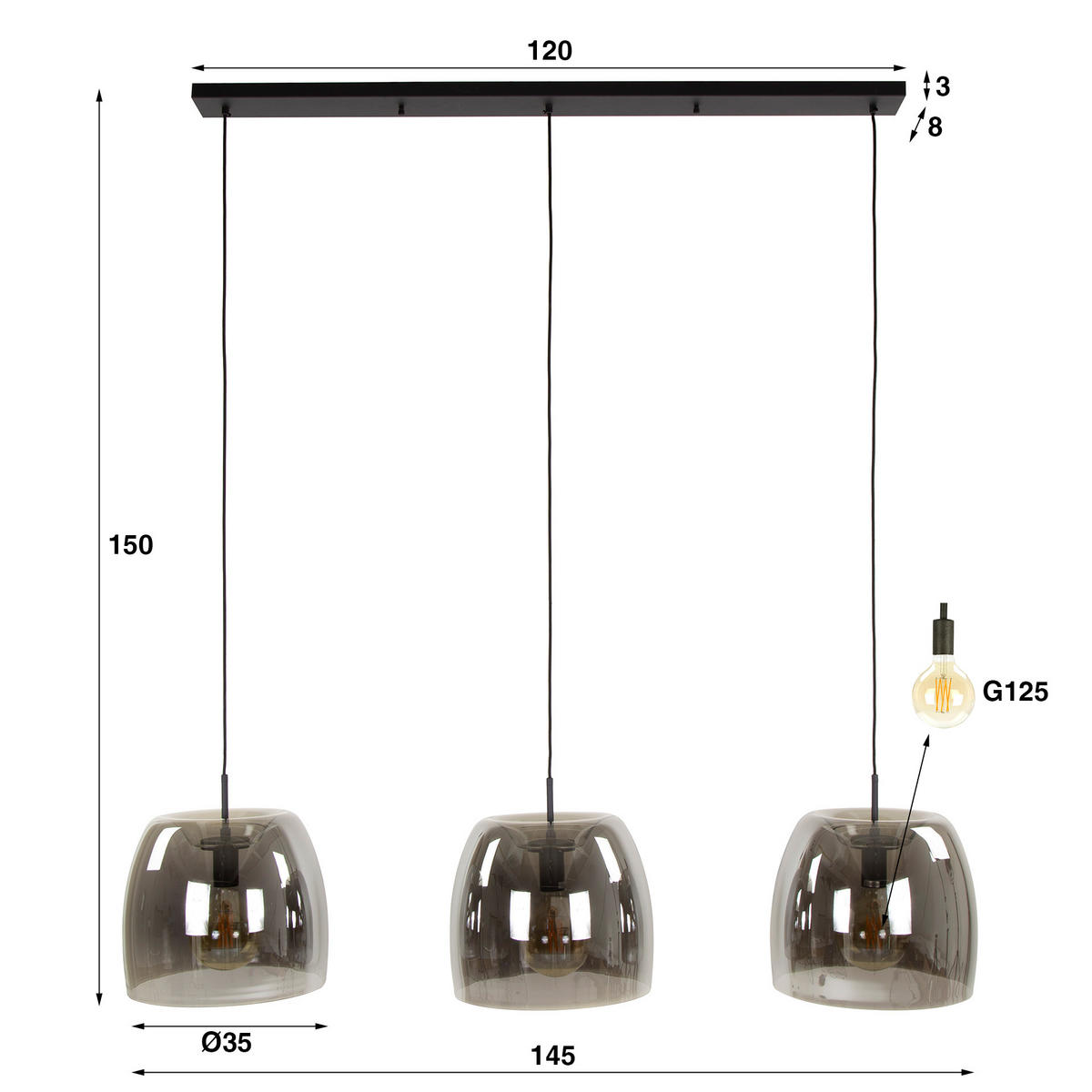 HÄNGELEUCHTE Drift Grau 35/145/ 150 cm - Grau, Glas (35/145/150cm) - Hoyz Collection