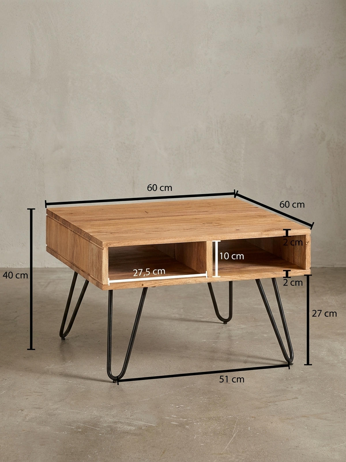 COUCHTISCH aus massivem Akazienholz mit Metallgestell und Stauraum im modernen Design - Beige/Schwarz, Holz/Metall (60/60/40cm) - KADIMA DESIGN