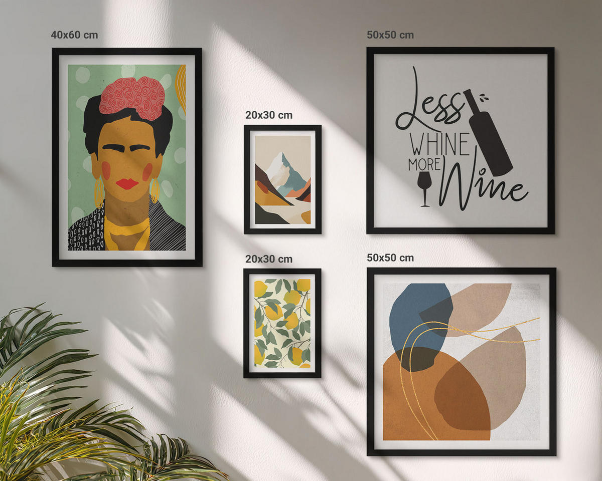 BILDER SET 5er Set - 50x50 cm & 20x30 cm & 40x60 cm Schwarzer Rahmen - Zitronenweinporträt von Frida - Schwarz, Kunststoff (40/60cm) - TULUP