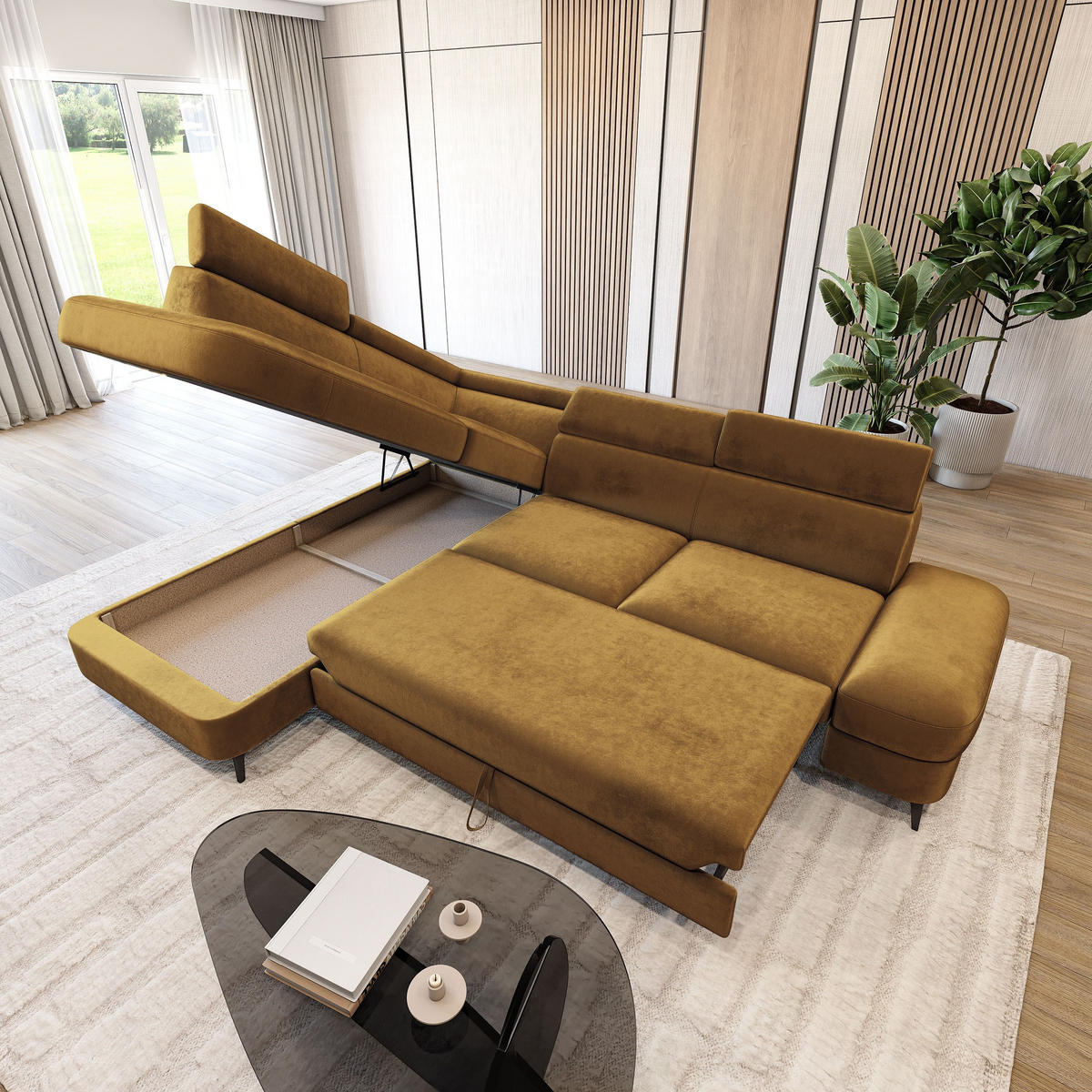 ECKSOFA AVISE M L-S Gelb Velours-Stoff mit Schlaffunktion - Gelb, Holzwerkstoff/Textil (268/195cm) - MASSENO