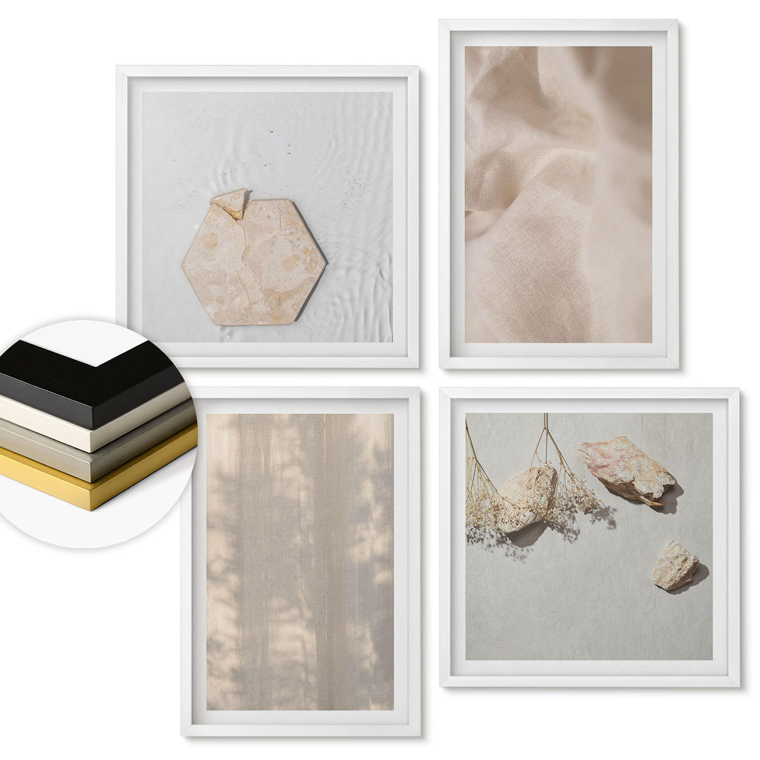 WANDBILDER 4er-Set - 50x50 cm & 40x60 cm Weißer Rahmen - Dezente Boho-Naturtexturen - Weiß, Kunststoff (50/50cm) - ArtPrintCave