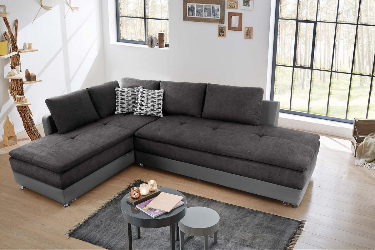 ECKSOFA-DAUERSCHLÄFER Doppelbett Boxspring Federkern Topper, Schwenkteil rechts B306/T223/H95 cm, Kunstleder Grau+Mikrofaser Anthrazit / 15106 - Chromfarben/Anthrazit, Textil/Metall (306/223cm) - luma-home