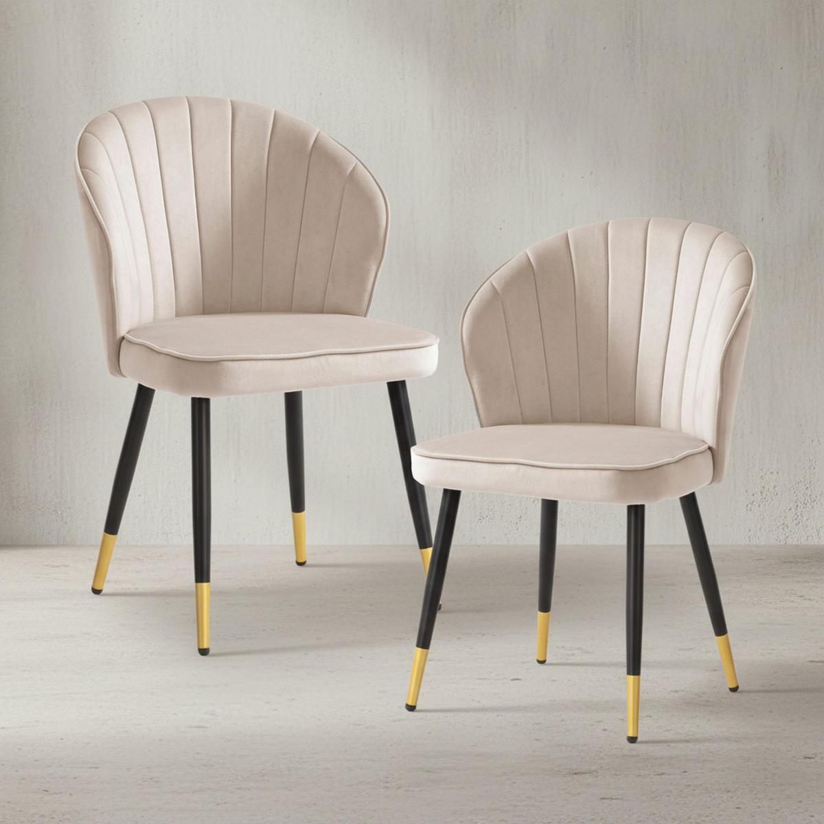 ESSZIMMERSTUHL 2er Set Samtbezug mit Metallgestell Schalenform Skandinavisch gepolstert, Beige 53x55x83 cm - Beige/Goldfarben, Textil/Metall (53/83/55cm) - KADIMA DESIGN