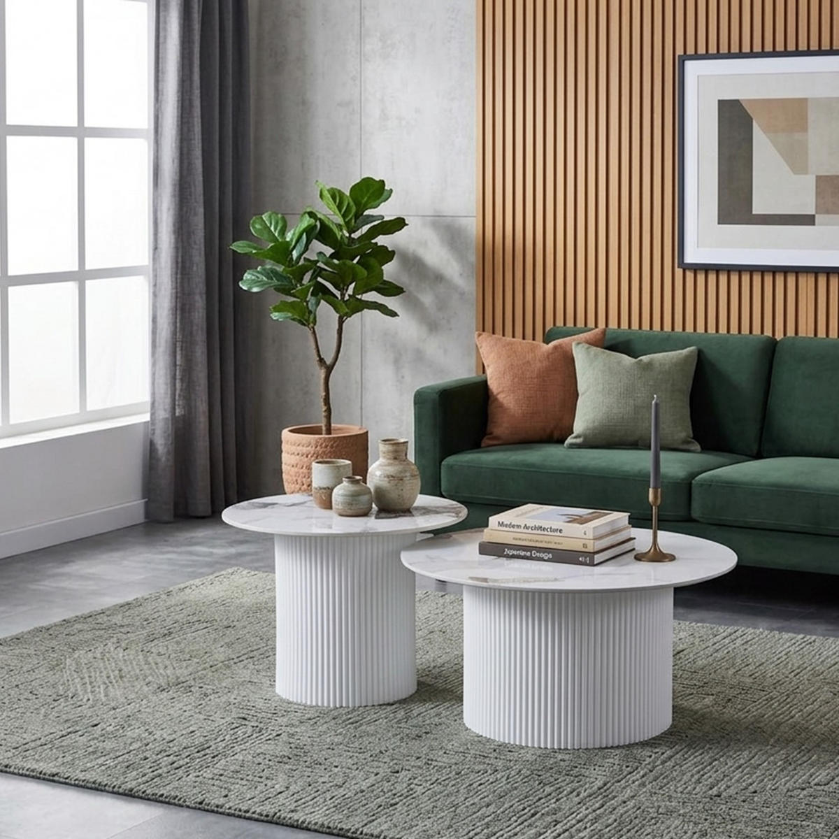 COUCHTISCH-SET Keramik rund 2-tlg. Trommelgestell Weiß 80 & 60 cm - Weiß, Keramik/Metall (80/80/46cm) - HOOZ
