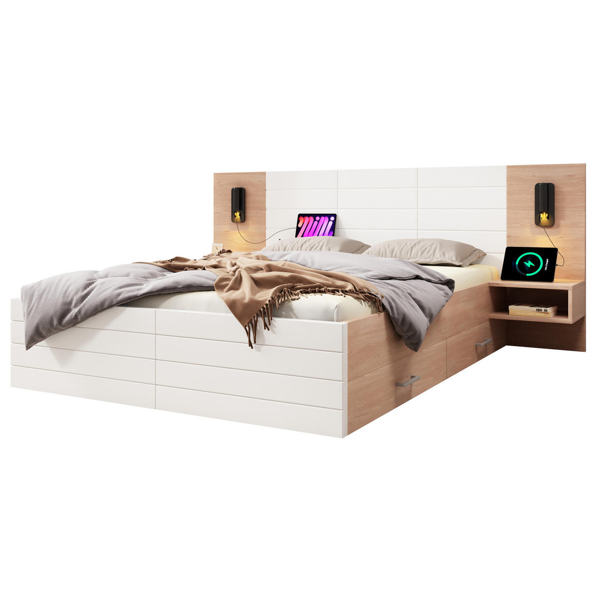 POSTEL z masivu a MDF, 180/200 cm bílá/dub, s LED lampou, USB a úložným prostorem - bílá, kompozitní dřevo (180/200cm) - BEAOK