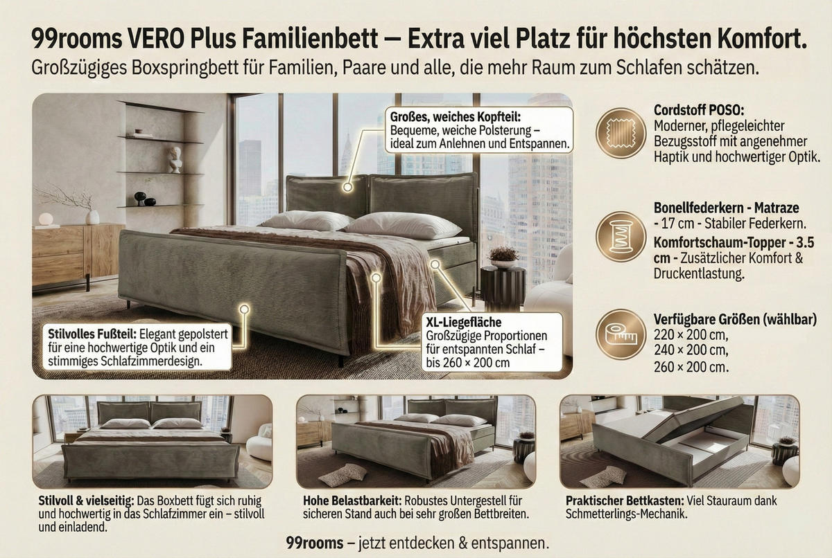 FAMILIENBETT BOXSPRINGBETT VERO PLUS Cordstoff Creme 240/200 cm - Creme/Schwarz, Holzwerkstoff/Textil (240/200cm) - 99rooms