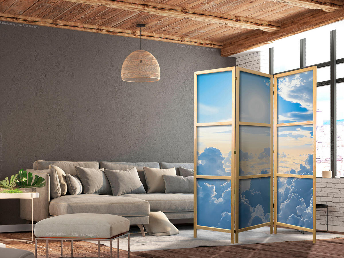 PARAVENT Japanischer 3-tlg 135x172 cm Wolken Und Sonne - Blau, Holz/Textil (135/172/3cm) - Muralo