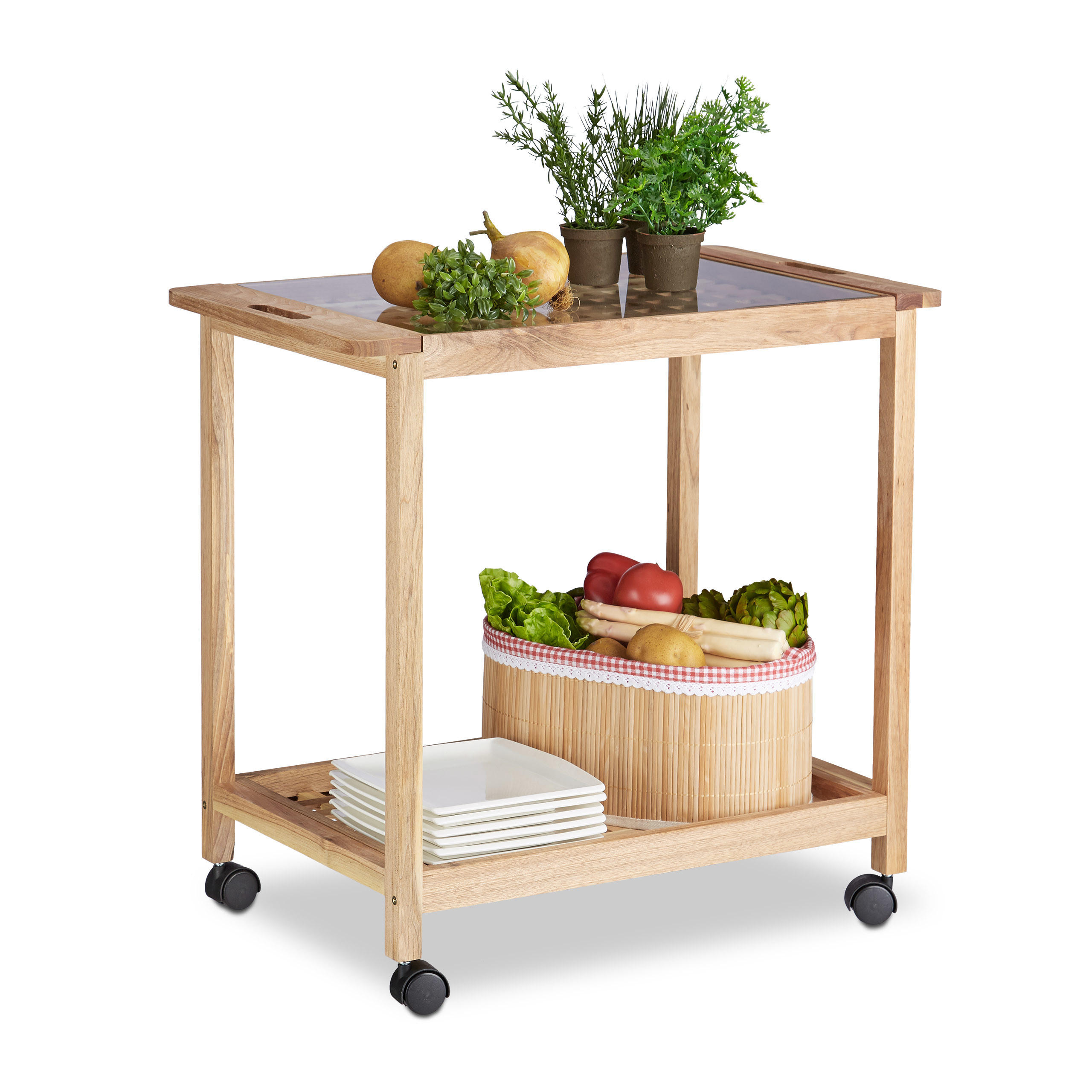 KÜCHENWAGEN - Hellbraun, Glas/Holz (66/62/38cm) - Relaxdays