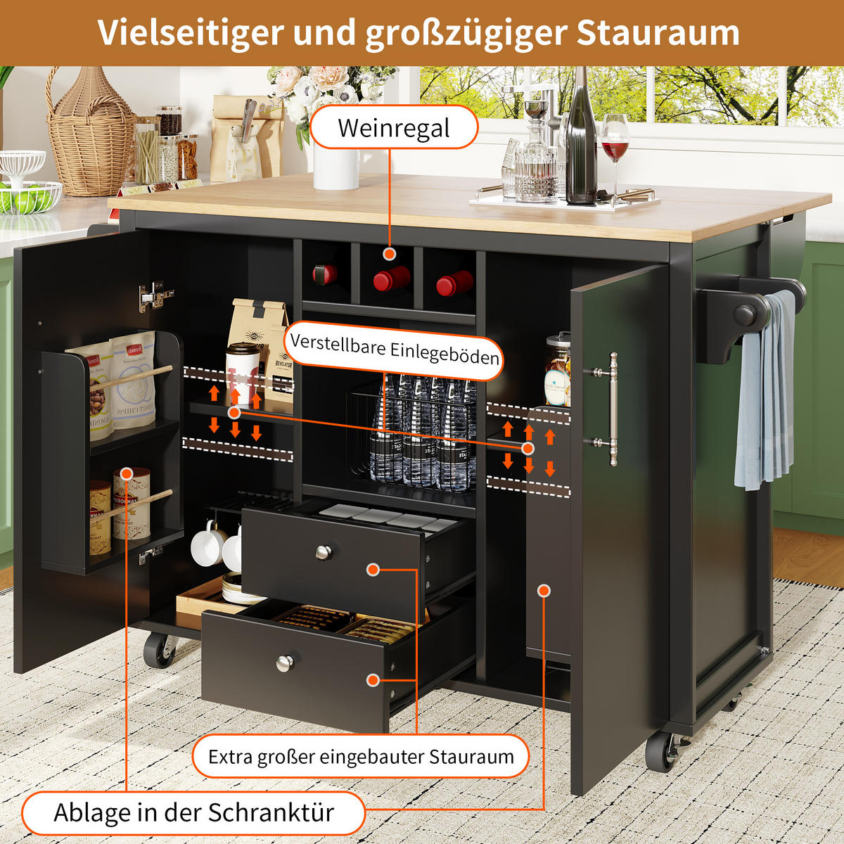 KÜCHENINSEL 137.9x73x92cm Schwarz mit 2 Schubladen & 5 Rollen - Schwarz, Holzwerkstoff (137.9/92/73cm) - Modfu