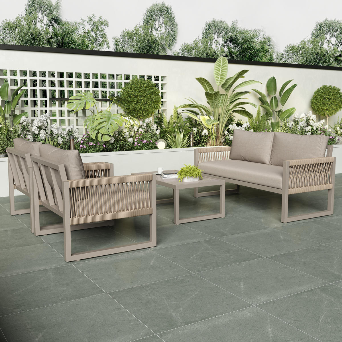 LOUNGESET 4er Seil Khaki Mit Verstellbaren Füßen & Glastisch - Hellbraun, Metall - FLIEKS