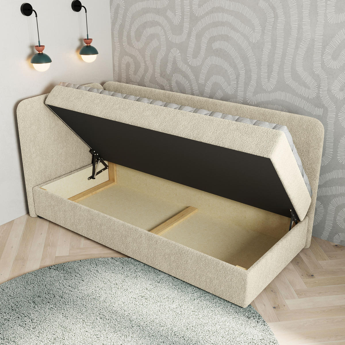 BOXBETT GINA 100x200 cm mit Matratze und Topper, H2+H3 - Creme - Creme, Holz (100/200cm) - MASSENO