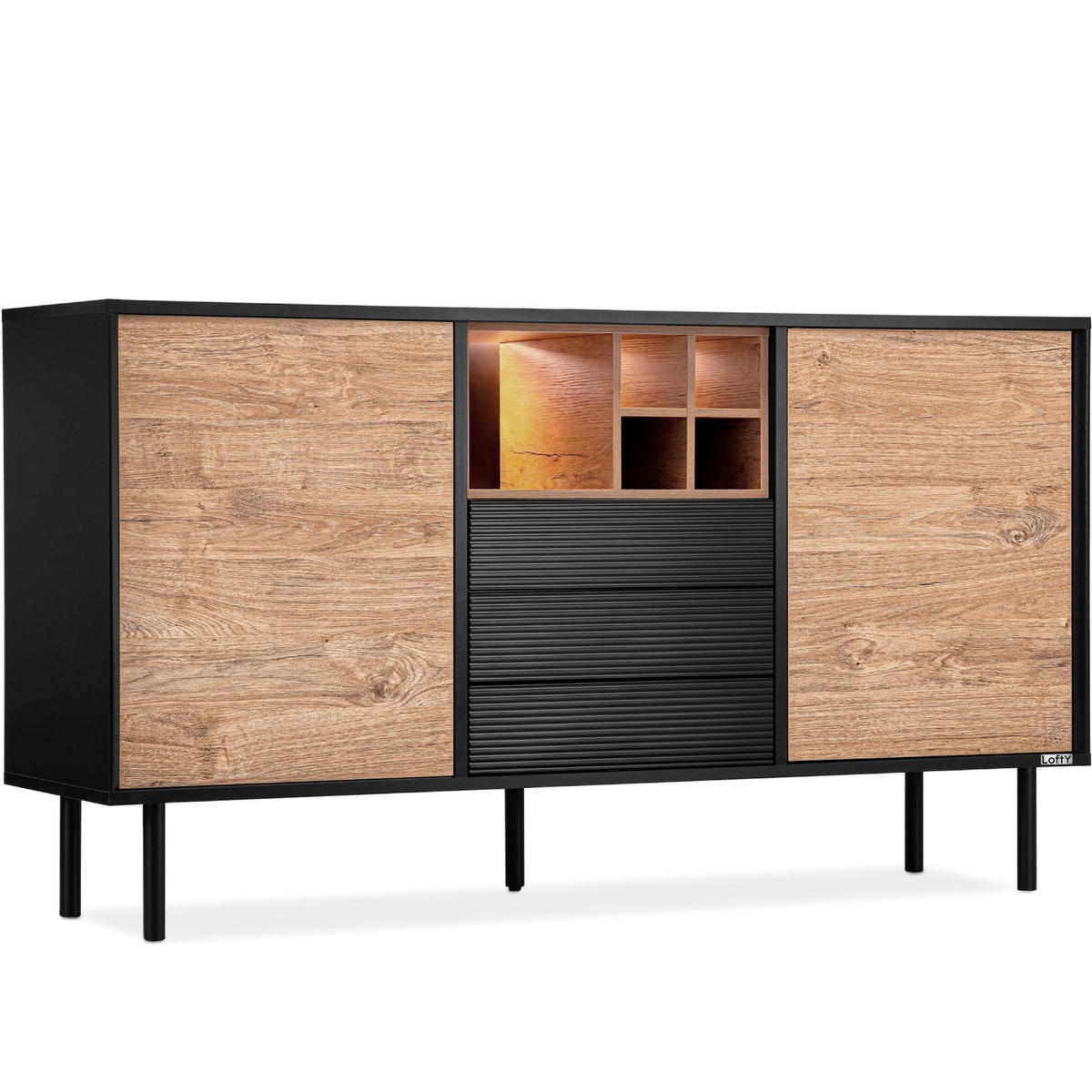 KOMMODE LOFTY Weineinlage, schwarz / Eiche natur - Eichefarben/Multicolor, Holzwerkstoff (151/84/41cm) - KONSIMO®