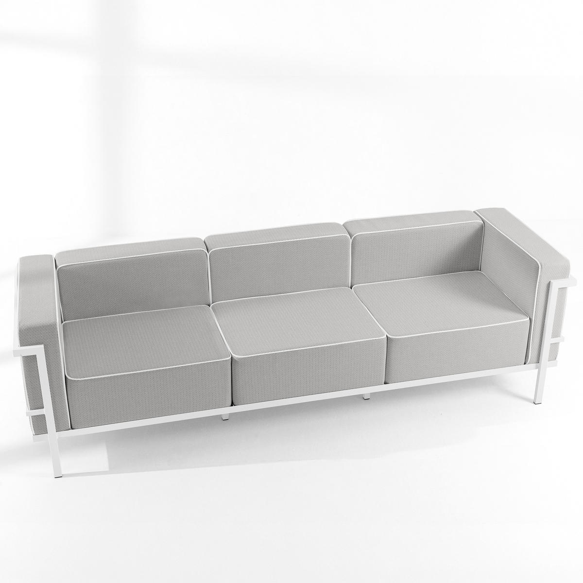 GARTENLOUNGE-SET TRIGLO 1x Tisch, 2x Sessel, 1x Sofa 3-Sitzer, 4-tlg., Modern, Weiß - Dunkelgrau/Weiß, Glas/Textil - KONSIMO®