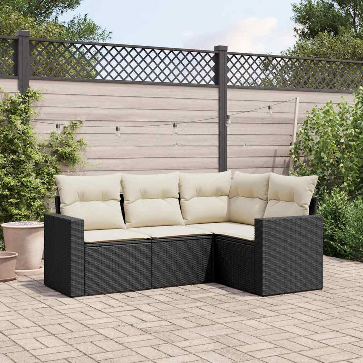 GARTEN-SOFAGARNITUR 4-TLG. Mit Kissen Schwarz Poly Rattan - Creme, Kunststoff (127.5/85/182.5cm) - vidaXL