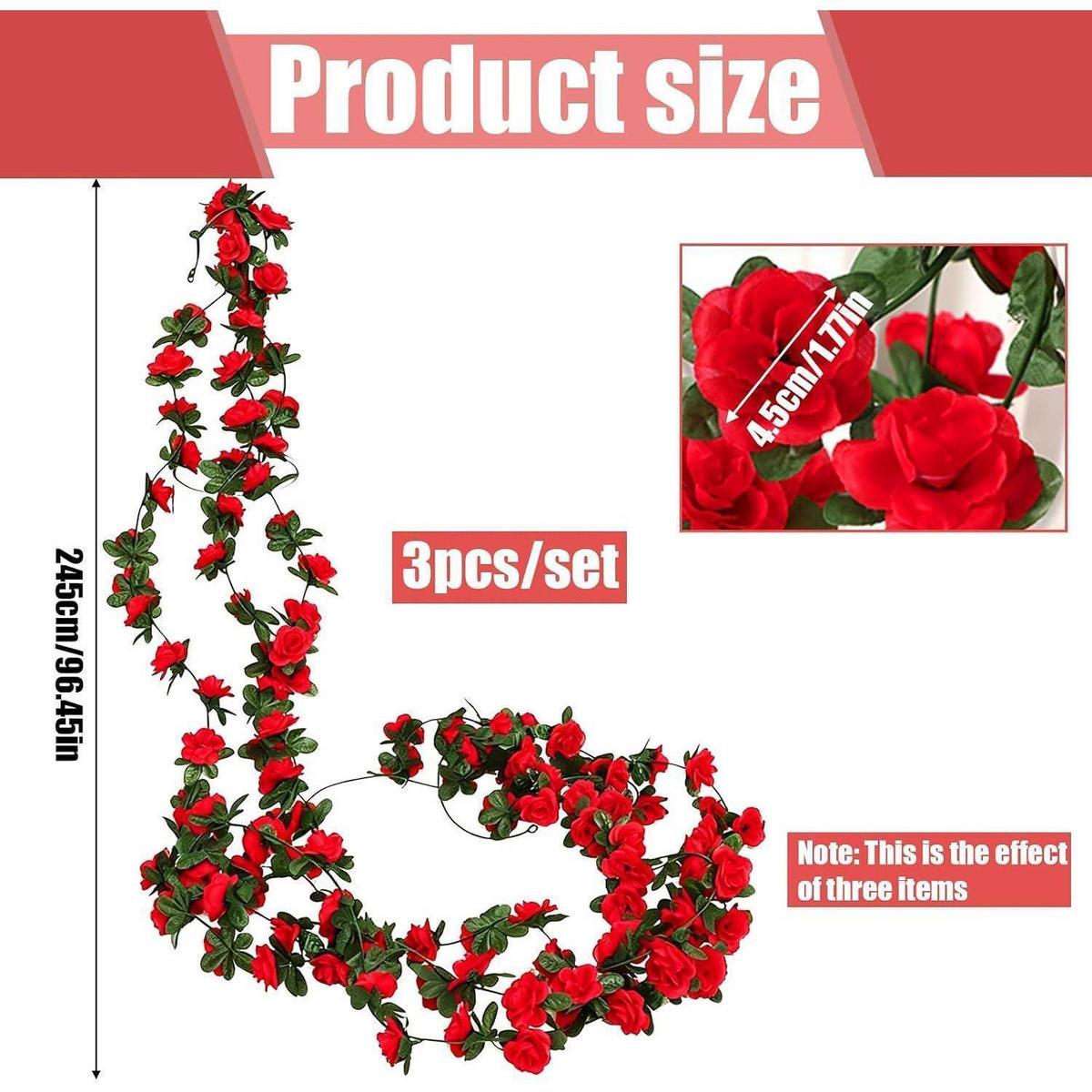 BLUMENGIRLANDE 3 Stück 2,45M Künstliche Seidenrosen Rot - Rot, Kunststoff (10cm)