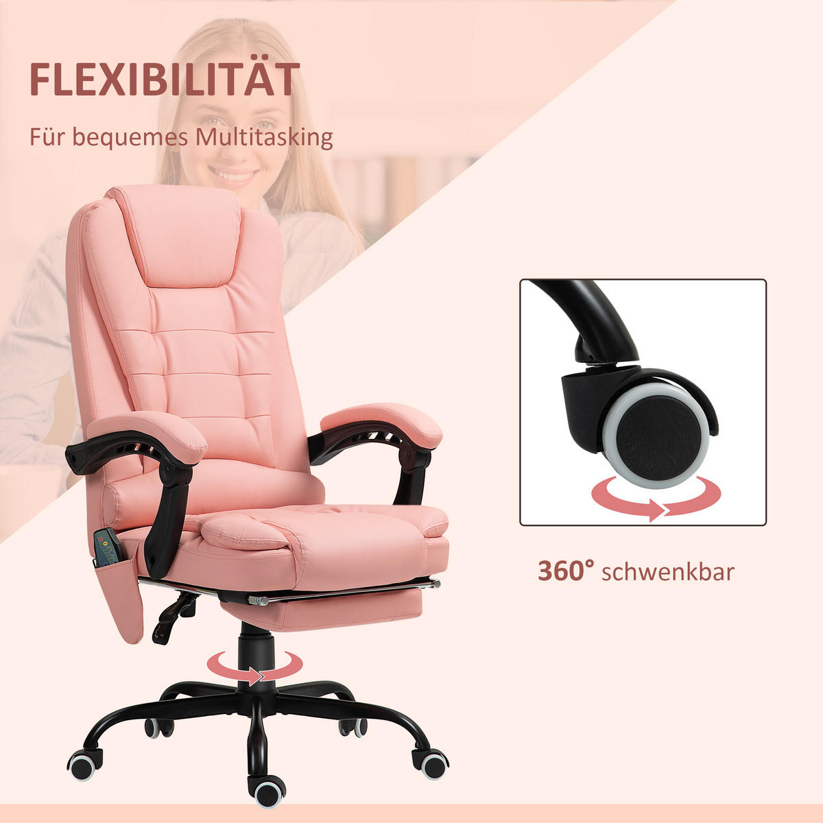 BÜROSTUHL mit 7 Punkt Massage, ergonomischer Gaming Sessel mit Liegefunktion - Schwarz/Rosa, Kunststoff/Metall (67/121/67cm) - Vinsetto