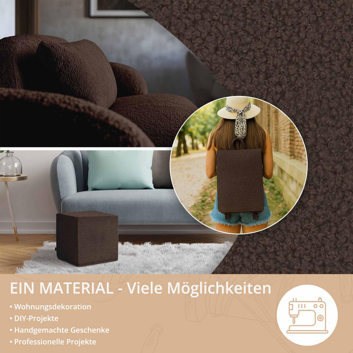 BOUCLESTOFF Quelle Dunkelbraun– 315 g/m², 140 cm breit, weich & robust, feuer- & UV-resistent - Dunkelbraun, Textil (140/100cm) - Dreamroots