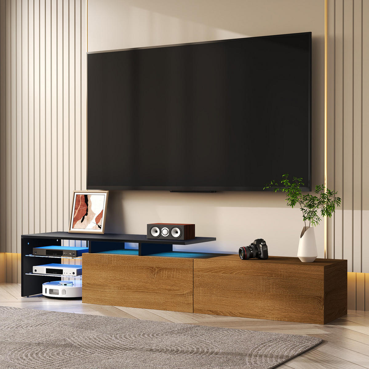 TV-SCHRANK Modern Schwarz Holzoptik Glasböden LED-Beleuchtung - Schwarz, Holz (42.19/18.42/143cm) - FLIEKS