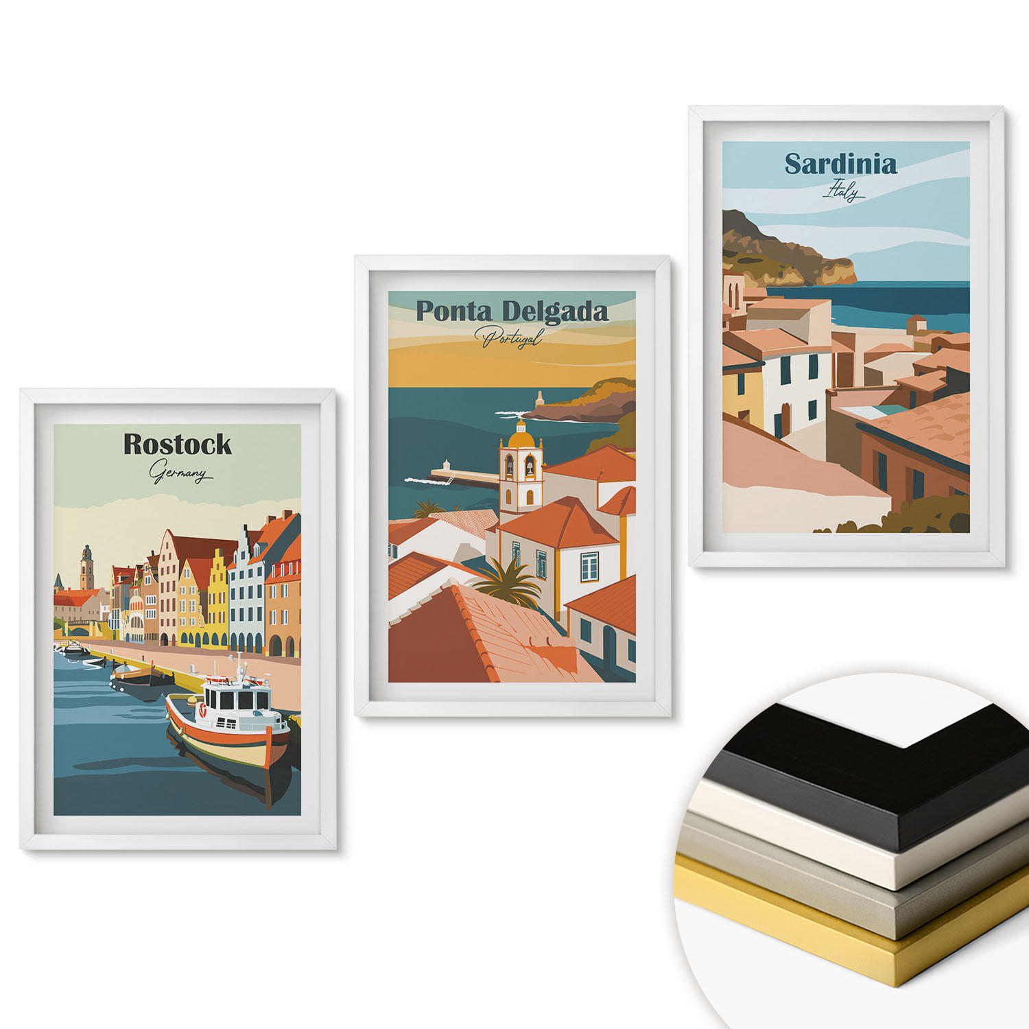 WANDBILDER 3er-Set - 40x60 cm Weißer Rahmen - Ansichten europäischer Küstenstädte - Weiß, Kunststoff (40/60cm) - ArtPrintCave