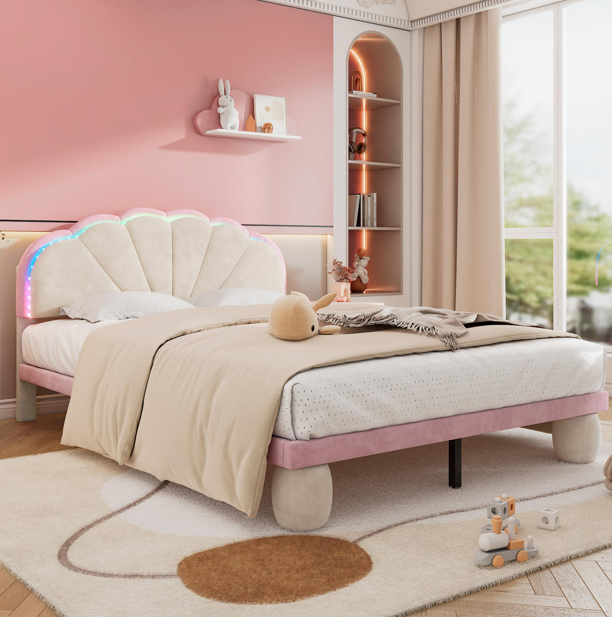 POLSTERBETT 140/200 cm beige aus Samt mit LED-Lichtstreifen - Beige, Textil (140/200cm) - OKWISH