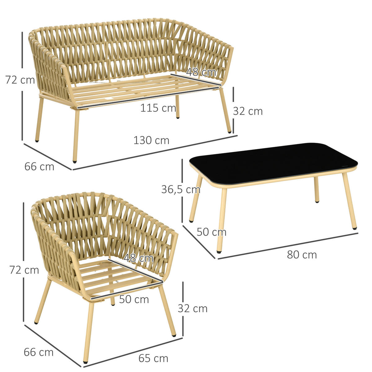 GARTENMÖBEL-SET mit Kissen, für Garten, Terrasse, Stahl, Khaki - Naturfarben, Kunststoff - Outsunny