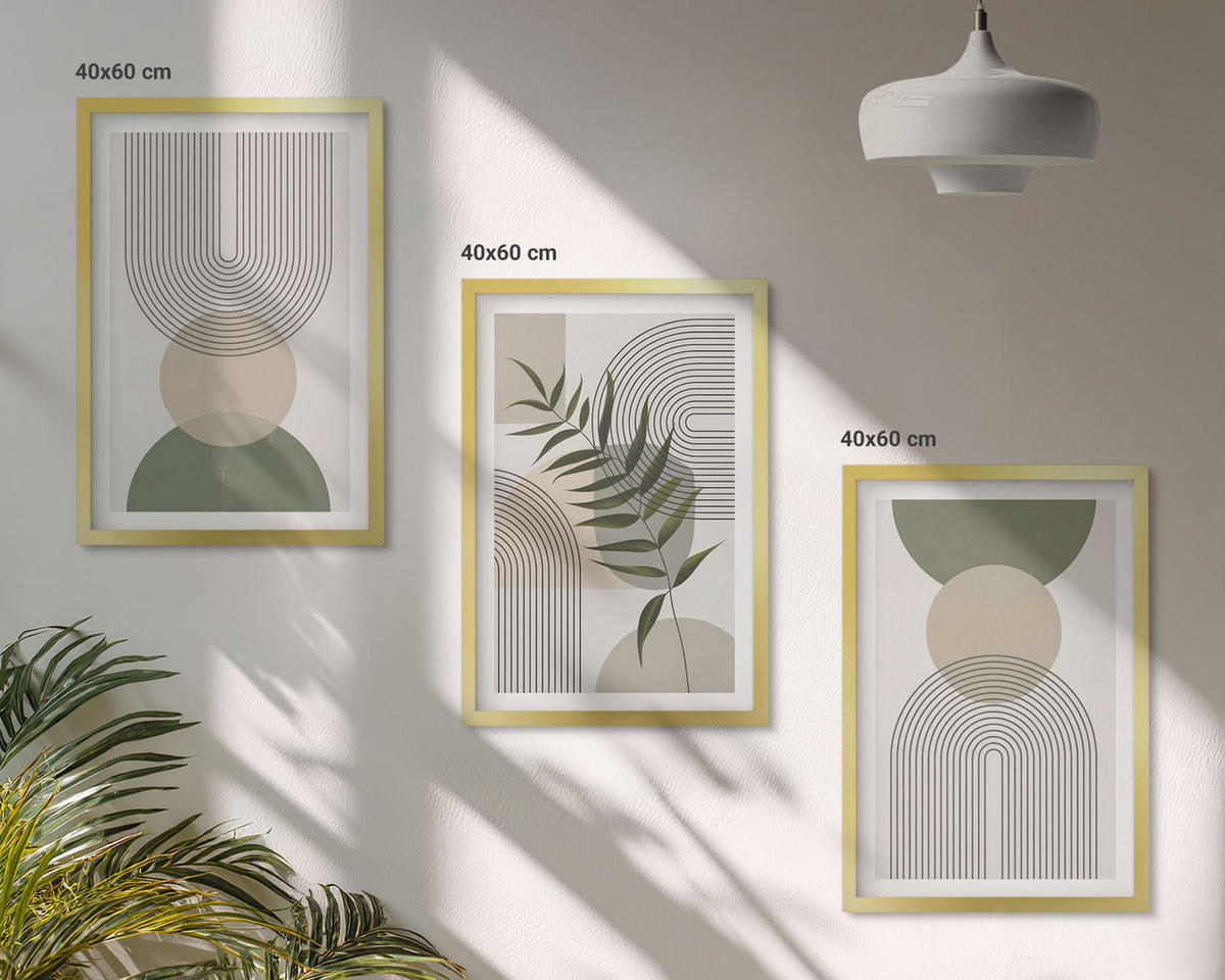WANDBILDER 3er Set - 40x60 cm Goldrahmen - Abstrakte Formen mit Grün - Goldfarben, Kunststoff (40/60cm) - ArtPrintCave