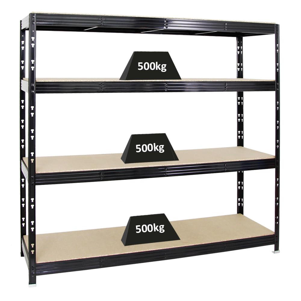 SCHWERLASTREGAL Rhino 180x200x60 cm 4 Spanplatten-Ebenen 16mm Fachlast 500 kg Schwarz - Schwarz, Metall (200/180/60cm) - PROREGAL