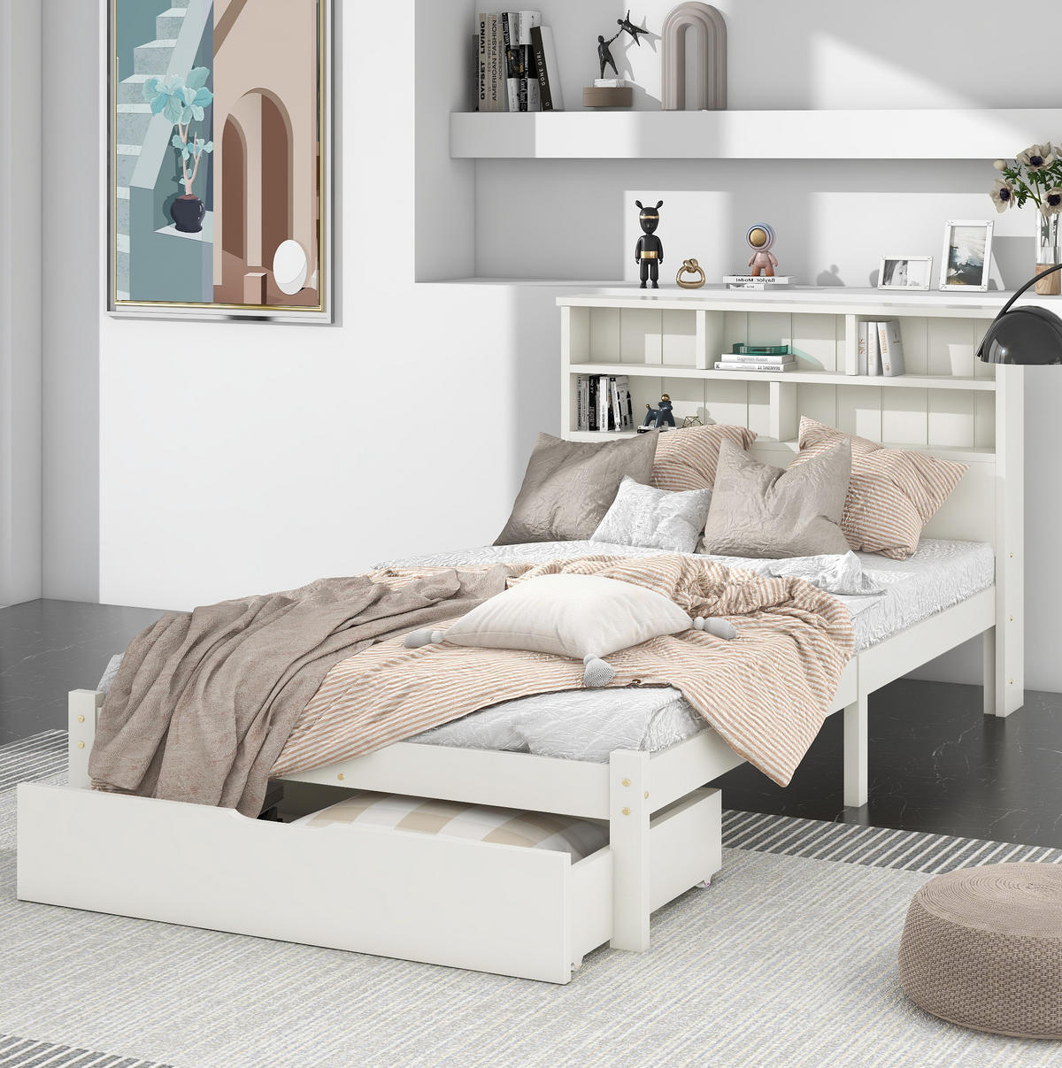EINZELBETT 90/200 cm aus Massivholz mit Bücherregal-Kopfteil und Schubladen, Weiß - Weiß, Holz - Redom