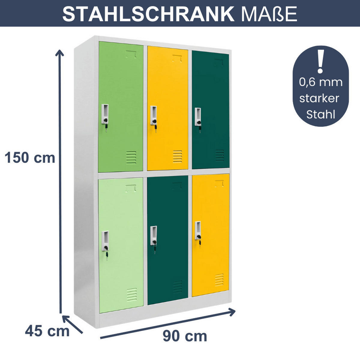 UMKLEIDESCHRANK Spind TOKIO 6 Abteile 150x90x45cm Grün-Gelb - Grün, Metall (90/150/45cm) - DELUKE