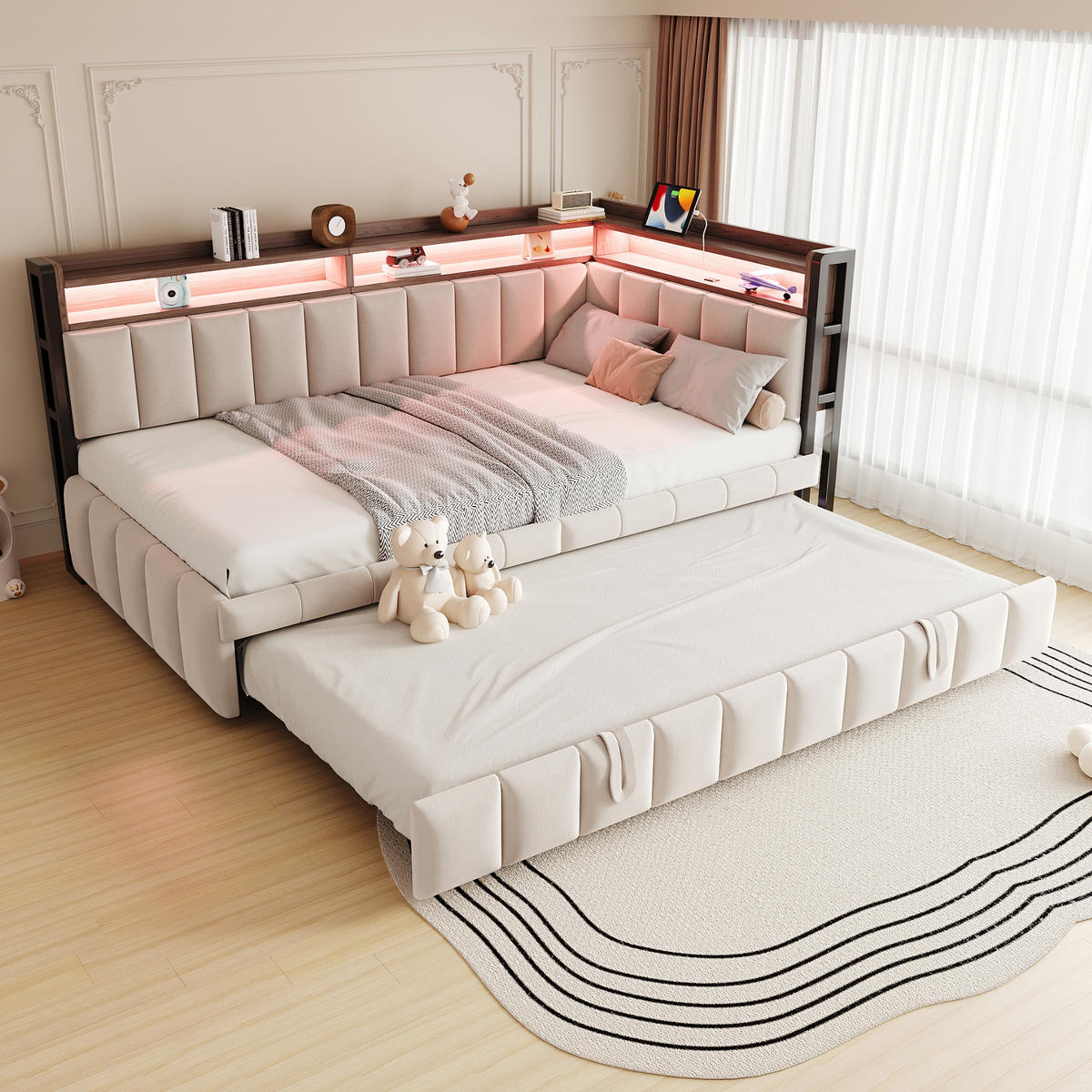 AUSZIEHBETT 90/200 cm ausziehbar mit LED und USB, DE-41717, in Beige - Beige, Metall (90/200cm) - ComfortXL