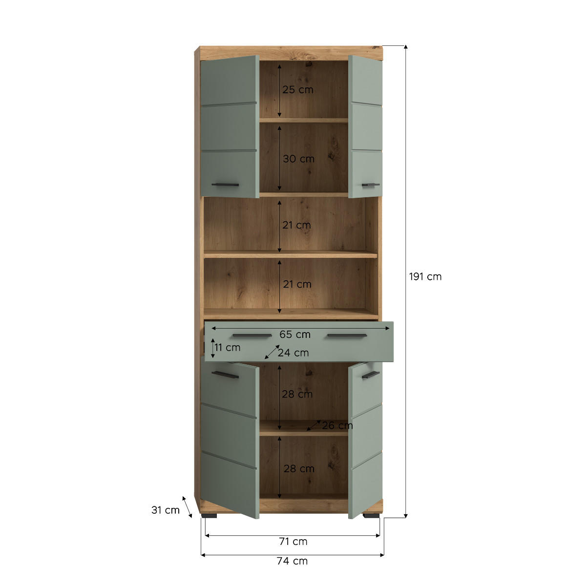 BADEZIMMERSÄULE mit 4 Türen und 1 Schublade 31/191/74 cm - Grün, Holzwerkstoff (31/191/80cm) - Calicosy
