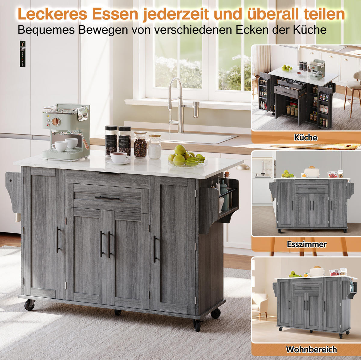 KÜCHENINSEL 136/70/92 cm grau aus MDF mit ausziehbarer Platte - Grau, Holzwerkstoff (136/92/70cm) - OKWISH