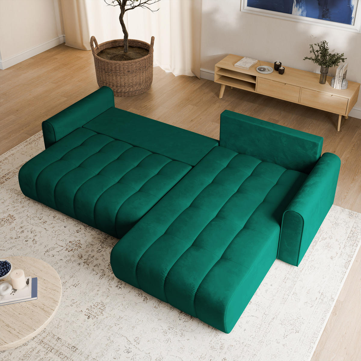 ECKSOFA FRIGA Grün Velours-Stoff mit Schlaffunktion - Grün, Holz (283/185cm) - MASSENO