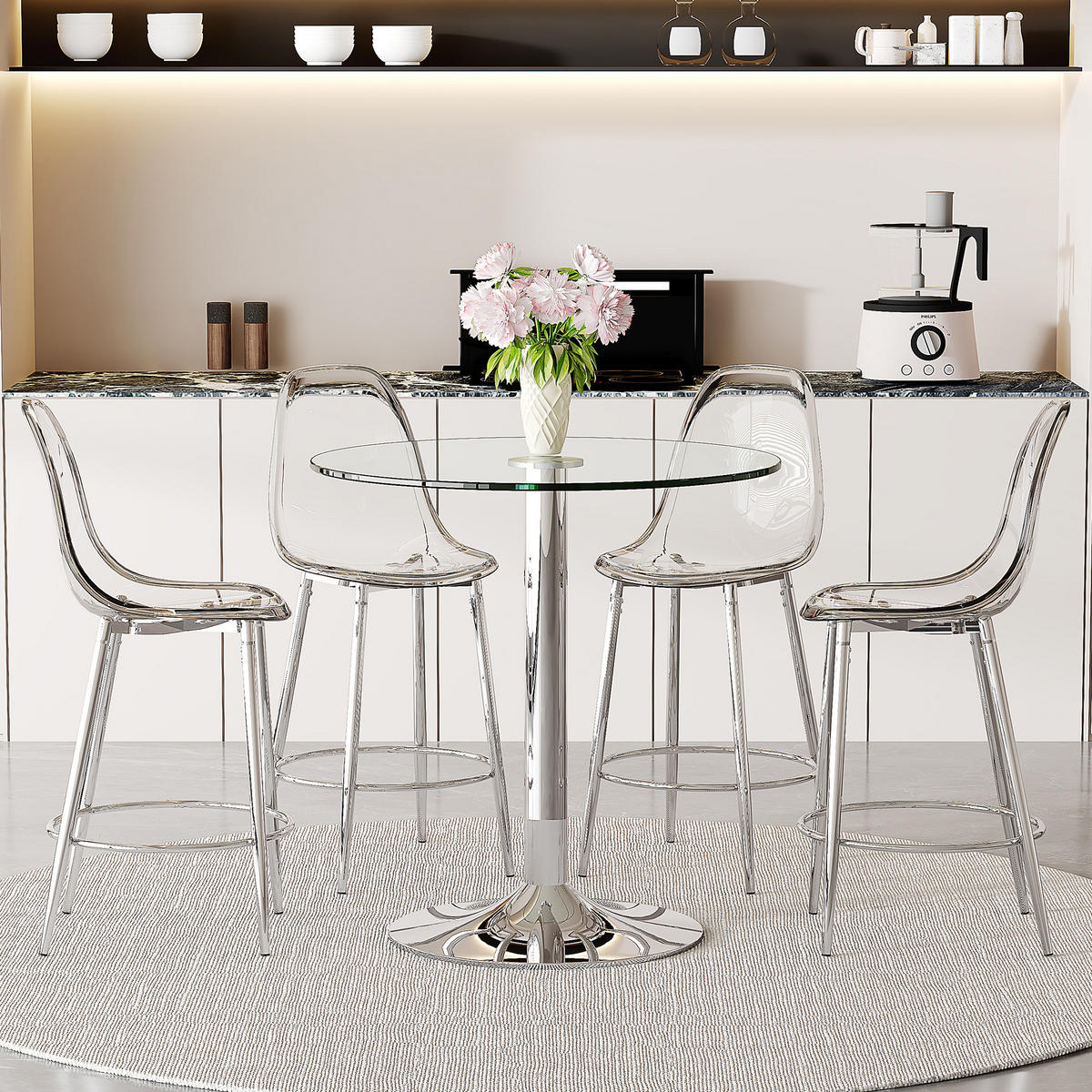 BARTISCH-SET DE-39404 5-teilig, Glastisch und 4 Hocker Transparent/Silber - Silberfarben, Metall (89/92/89cm) - ComfortXL