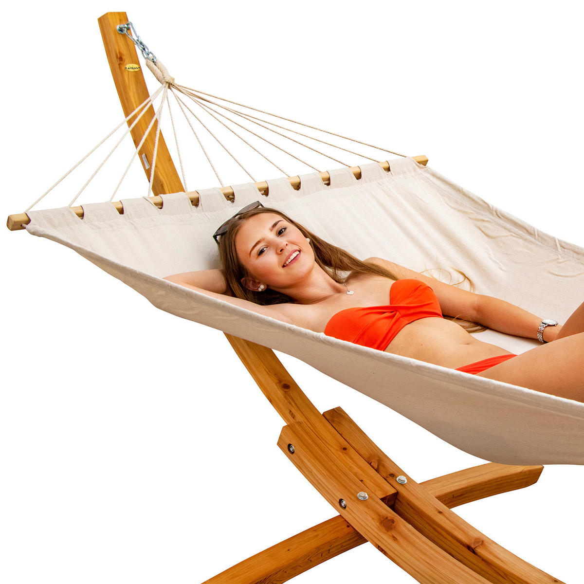 XXL-HÄNGEMATTE mit Holzgestell bis 150kg, 325/120cm, Beige - Beige, Holz (120/2.5/325cm) - Amanka