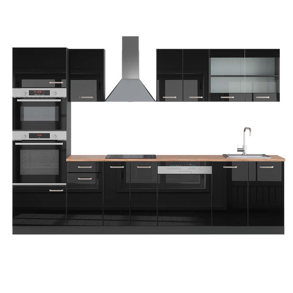 KÜCHENZEILE R-Line Schwarz Hochglanz/Anthrazit 300 cm mit Hochschrank AP Eiche - Schwarz Hochglanz/Anthrazit, Holzwerkstoff (300/81.6/60cm) - Vicco