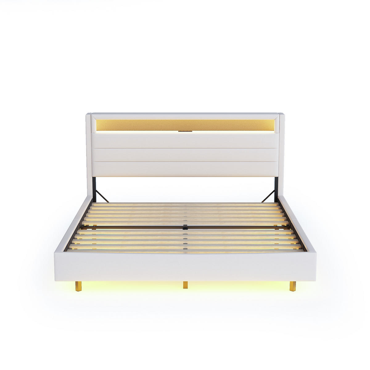 POLSTERBETT 160/200 cm beige mit USB-Steckdose und LED-Beleuchtung - Beige, Textil (160/200cm) - OKWISH