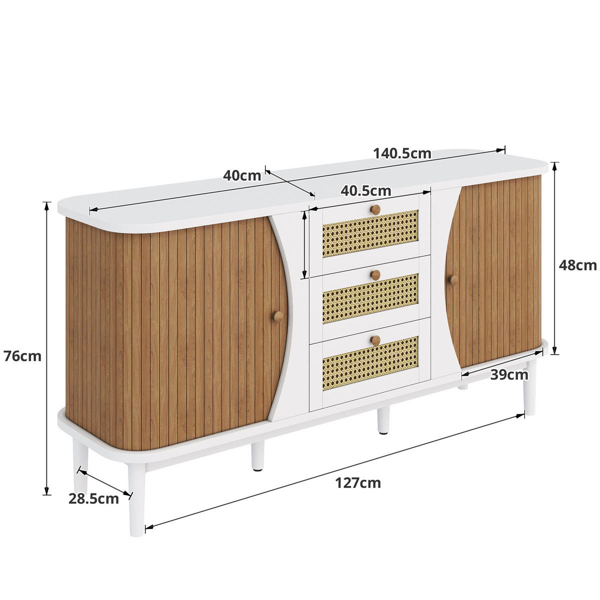 SIDEBOARD 140,5/40/76 cm in Weiß mit Rattan-Schubladen und verstellbaren Böden - Weiß, Holzwerkstoff (140.5/76/40cm) - Flora Grace