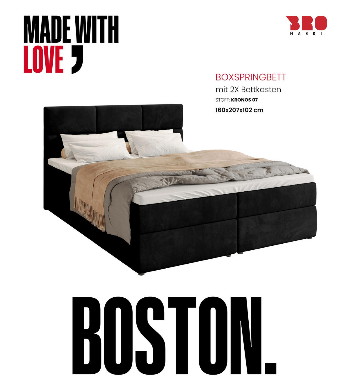 BOXBETT Boston mit Topper 160/200 Schwarz - Schwarz, Holzwerkstoff/Textil (160/200cm) - Bromarkt