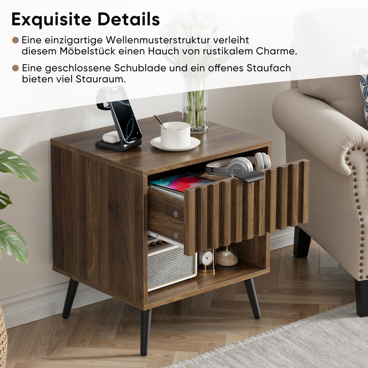 NACHTTISCH aus MDF 45x40x53 cm Walnuss mit Schublade und offenem Fach, modernes Design - Walnussfarben, Holzwerkstoff (45/53/40cm) - Modfu