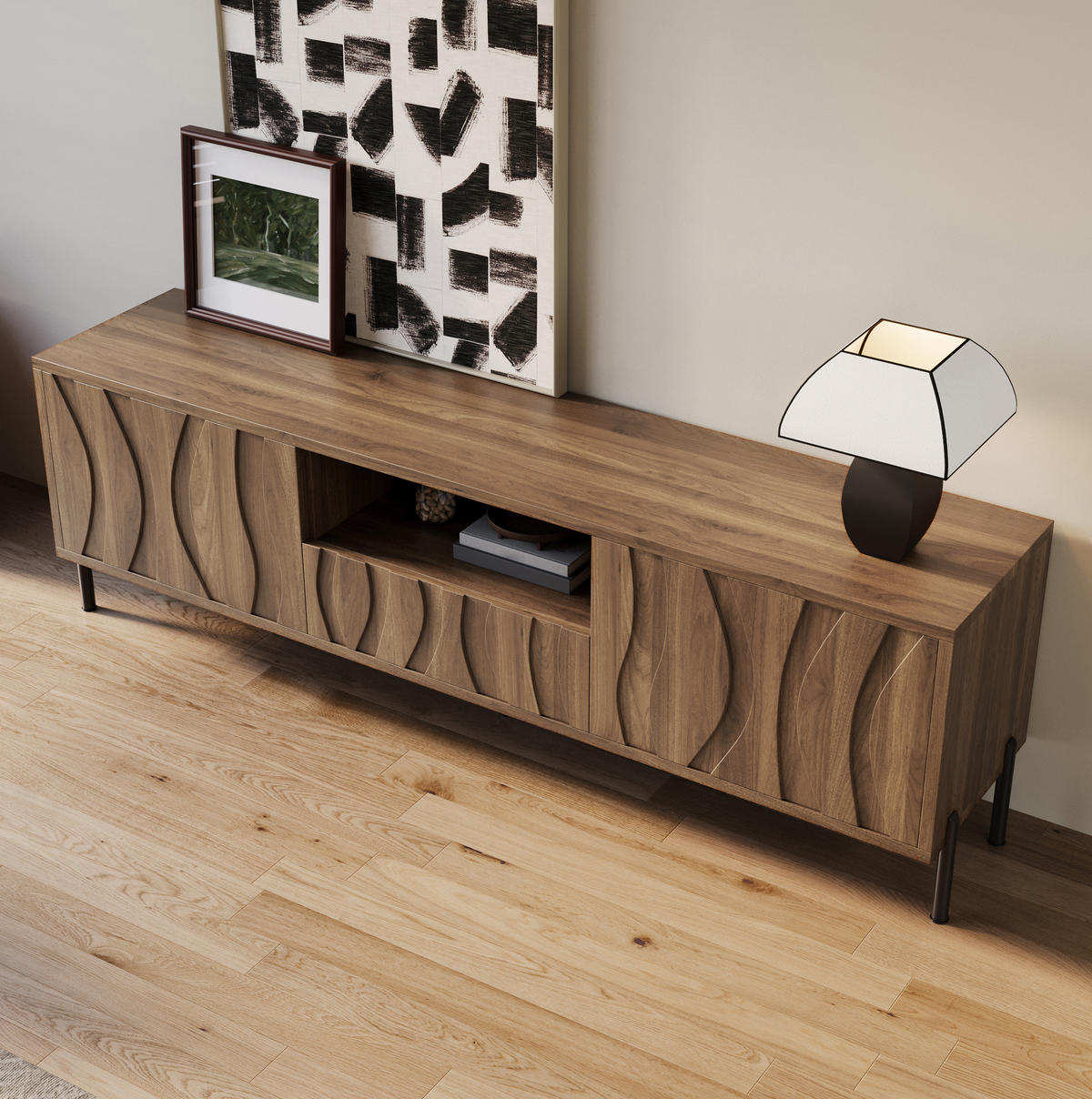 TV-SCHRANK in Natur mit wellenförmigen Türen und Kabeldurchführungen 160/35/46 cm - Naturfarben, Holzwerkstoff (160/46/35cm) - Redom