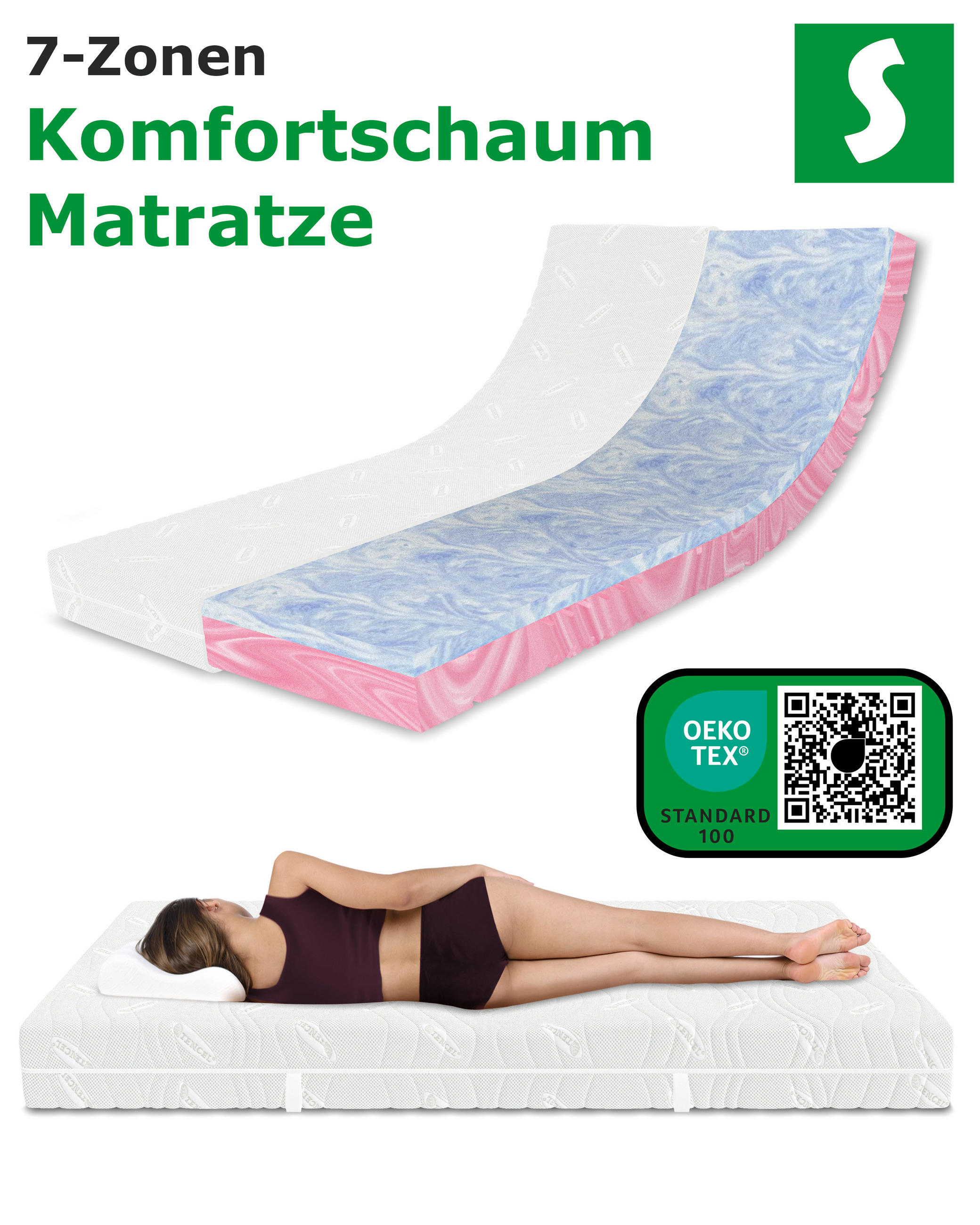 KALTSCHAUMMATRATZE 90x200 H2/H3 H2/H3 deLuxe 7 Zonen , Hybrid DUO - Weiß, Textil (90/200cm) - Schlaftroll