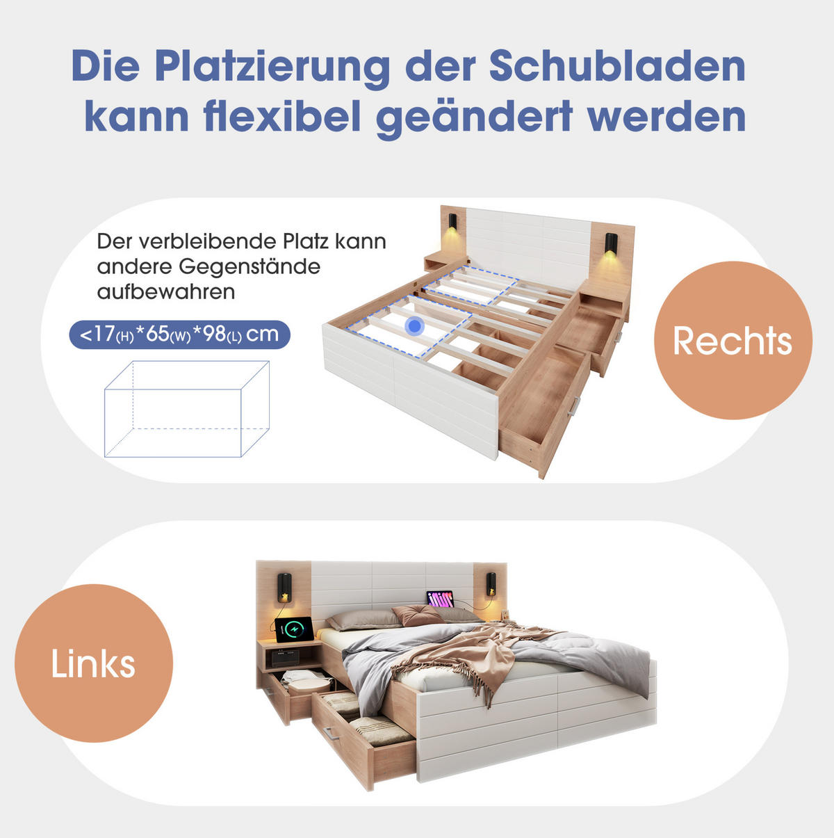 DOPPELBETT 140/200 cm aus Massivholz und MDF mit Leselicht, USB, 2 Schubladen und 2 Nachtkommoden,und Matratze, Weiß/Eiche - Weiß, Holzwerkstoff (140/200cm) - Redom