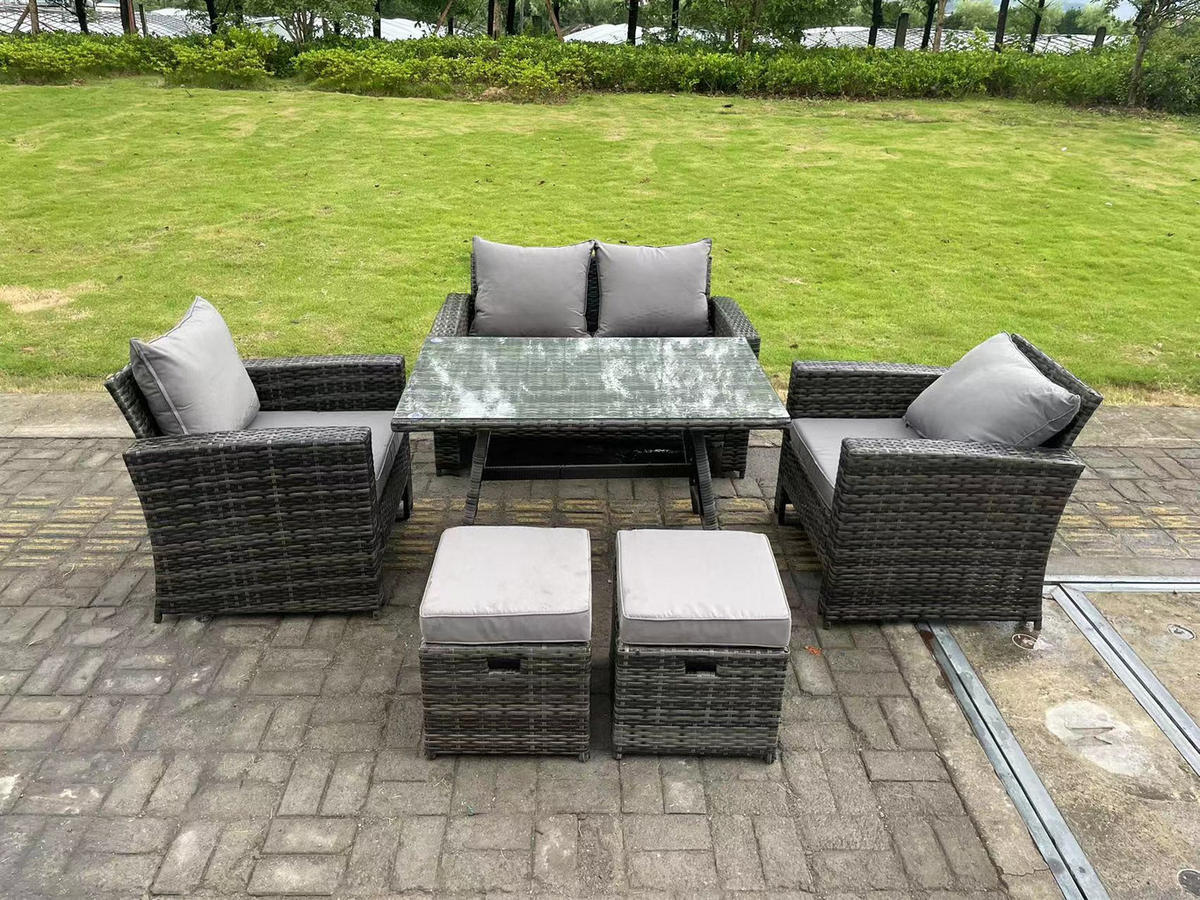 GARTENTISCHGRUPPE Polyrattan 6-Sitzer - Dunkelgrau/Grau, Glas/Kunststoff - Fimous