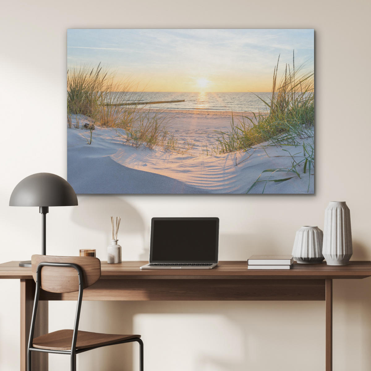 AKUSTIKPANEEL Strand - Sonne - Düne - Gras - Sand - Horizont 100x70 cm - Hellblau, Textil (100/0.9/70cm) - MuchoWow