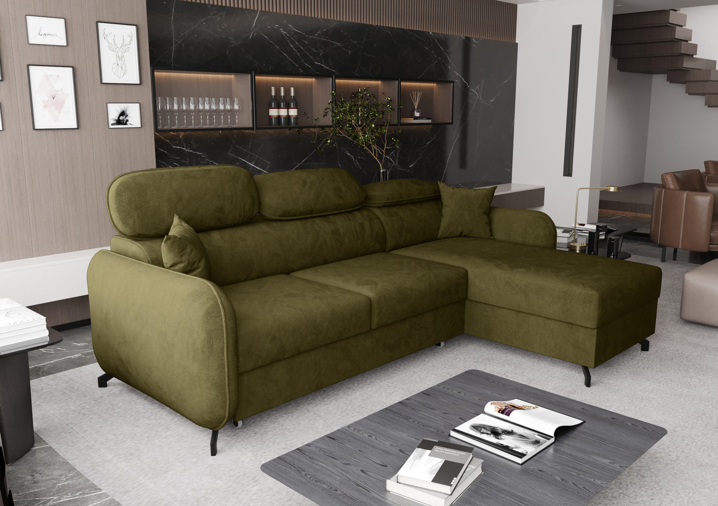 ECKSOFA L Form Ribella 5 Olivgrün 265/180/100 cm Rechts mit Schlaffunktion - Schwarz/Grün, Textil/Metall (265/180cm) - AX Living